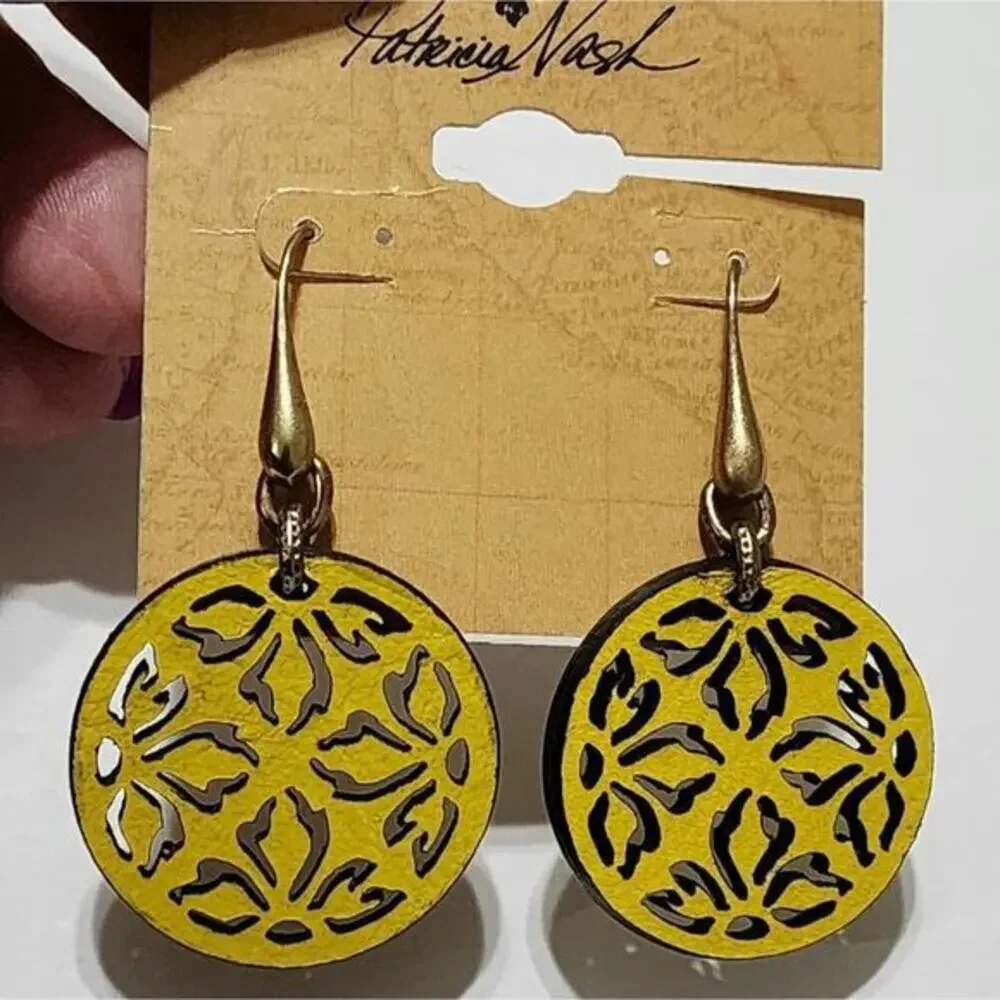 Patricia Nash Yellow Leather Laser Cut Floral Filigree Round Drop‎ Earrings